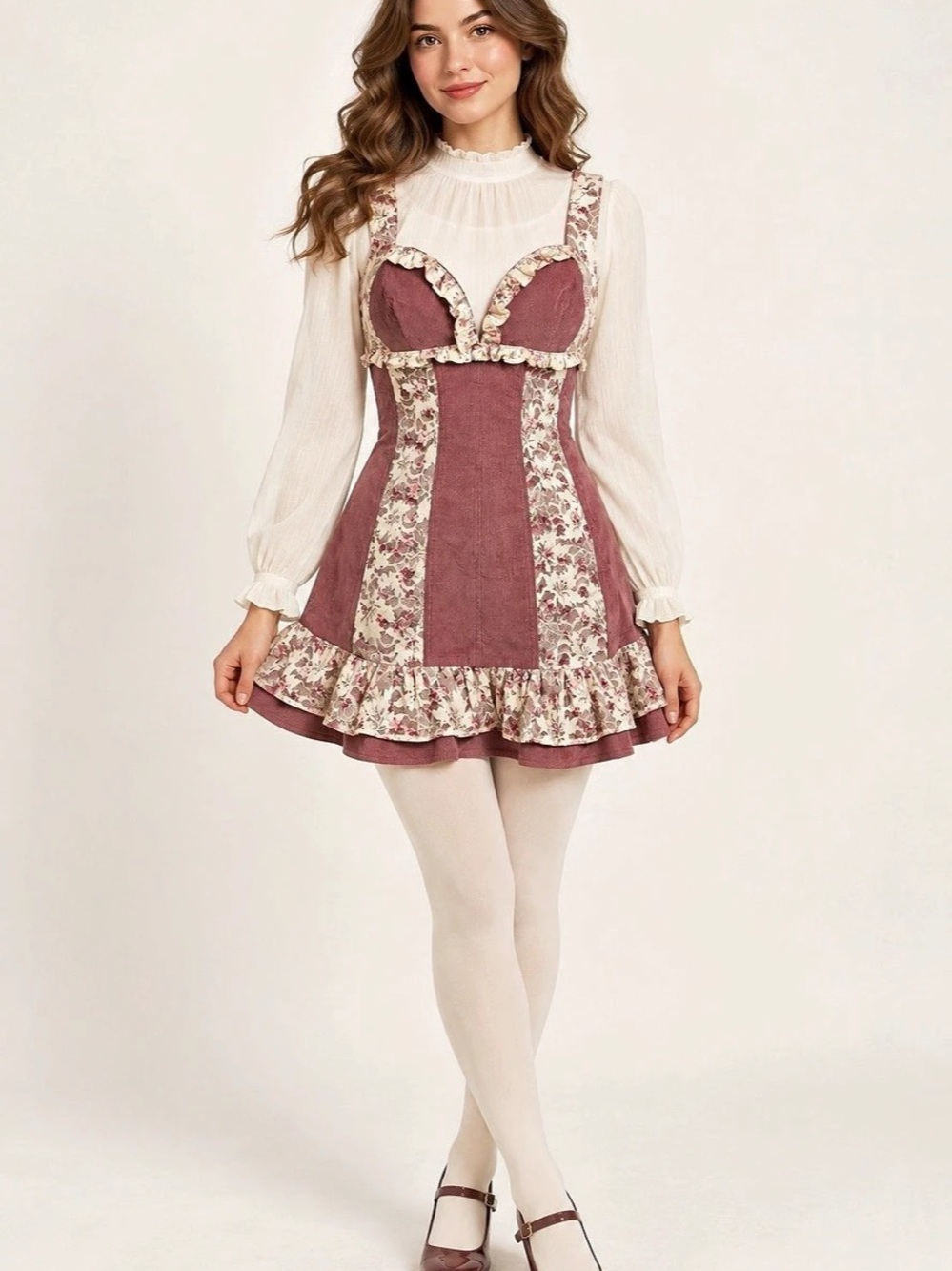 The Vintage Shop Mauve Corduroy Floral Ruffle Mini Dress Small